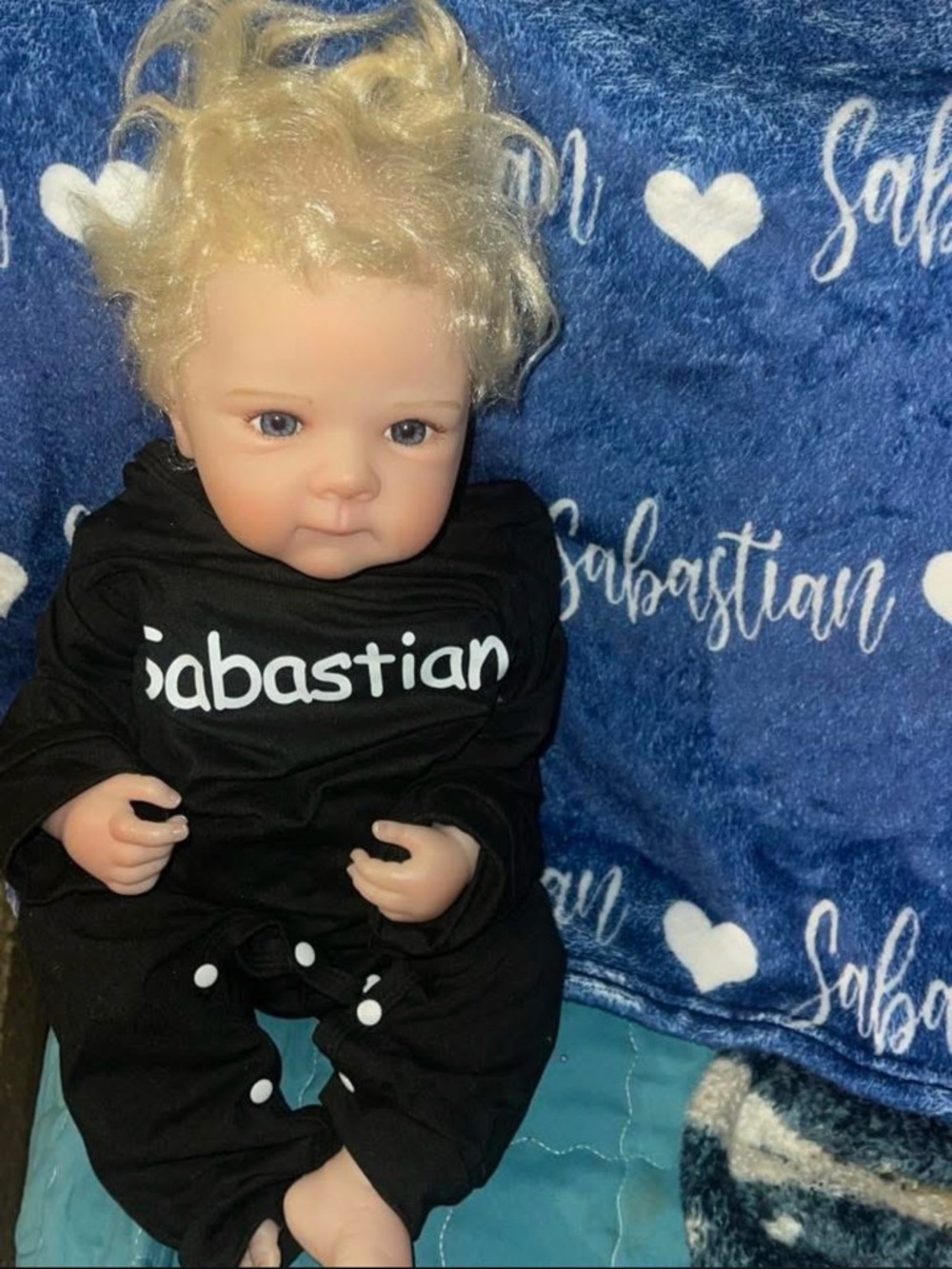Baby doll w/Personalized 'Sebastian' Black Baby Doll Outfit & blanket